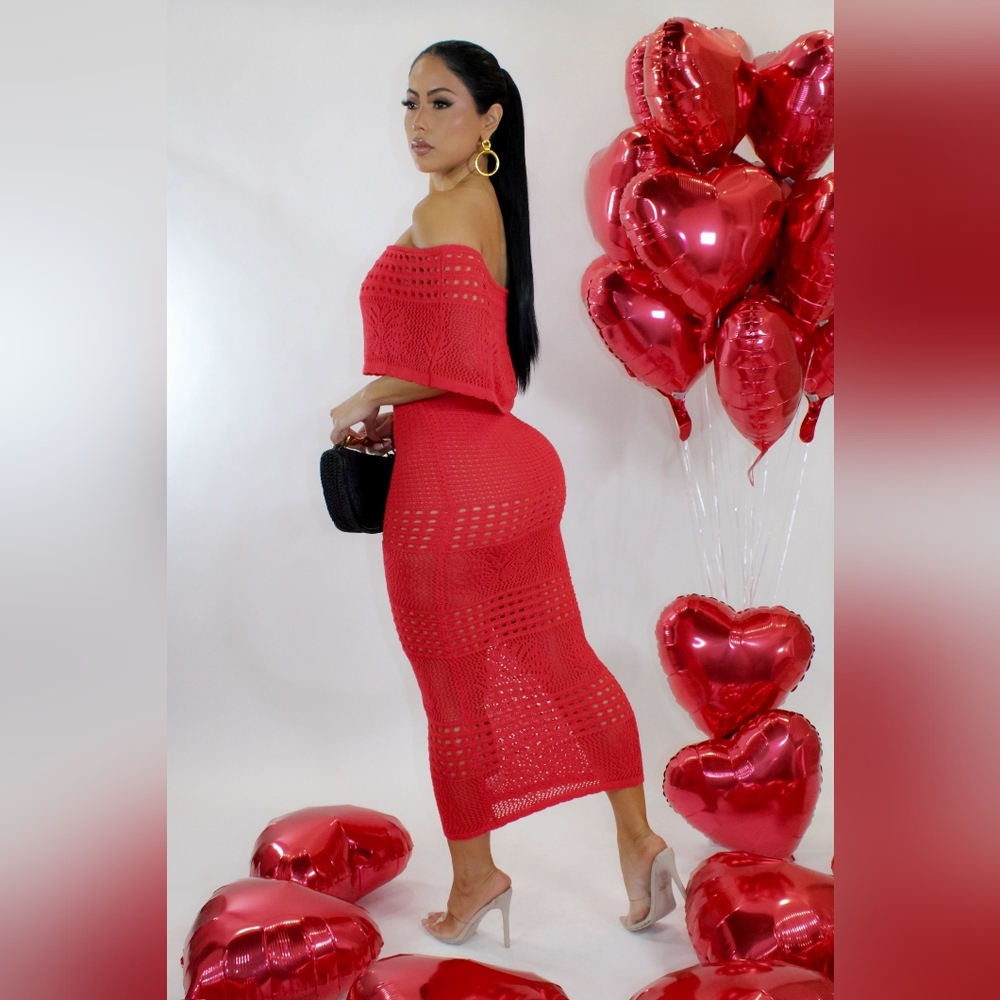 Off the Shoulder Beach Crochet Midi Dress- Red - Picture 2 of 5